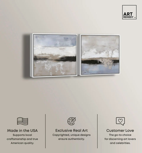 Two Piece Earth Tone Canvas Art Set In White Frames Hand Stretched Over Pine Wood Inner Frames 30 By 30 Inches Each Black Abstract Wall Decor For Modern Living Rooms