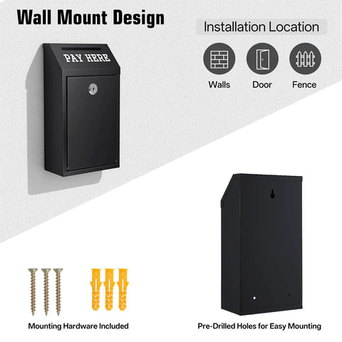 Locking Cash Box With Slot For Donations, Metal Money Box With Keyed Lock And 4 Keys, Wall Mount Design, Black