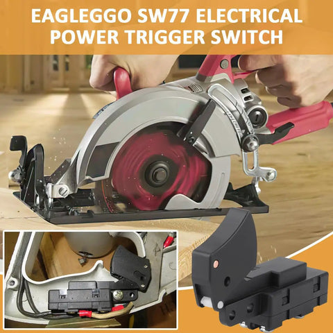 Real Tough SW77 Trigger Switch Replacement For Skil Bosch Ryobi Ridgid Worm Drive Circular Saws, close-up of power tool trigger.