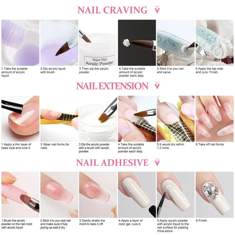 Step-by-step guide using Three Color Acrylic Nail Powder Starter Kit With Electric Nail Drill And UV Light Pro Tools Set.