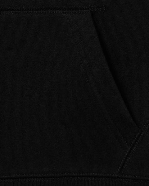 Close-up of Boys Uniform Zip Up Hoodie In Black Size Five To Six with kangaroo pocket detail showing fleece material.