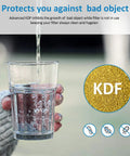 Glass of water with KDF media illustration, highlighting protection by RV Inline Water Filter With Flexible Hose Protector For RVs.