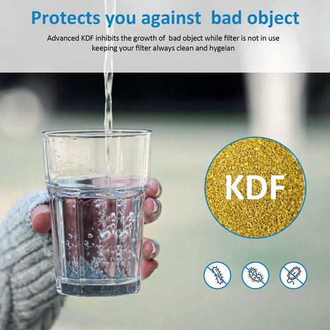 Glass of water with KDF media illustration, highlighting protection by RV Inline Water Filter With Flexible Hose Protector For RVs.