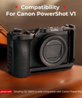 Pro Grade Camera Cage For Canon PowerShot V1 With Ergonomic Silicone Grip And Arca Swiss Quick Release Plate installed on camera.