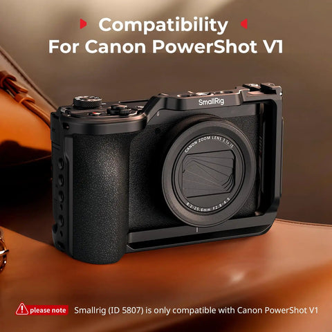Pro Grade Camera Cage For Canon PowerShot V1 With Ergonomic Silicone Grip And Arca Swiss Quick Release Plate installed on camera.