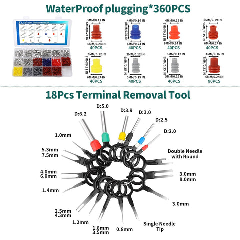Pin Connector Kit With Crimping Pliers, Pro Grade 450Pcs Terminal Pins, 26 Types, 360Pcs Waterproof Seals, 18 Pin Needle Extractor