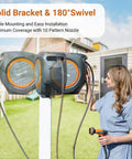 Woman using Retractable Garden Hose Reel With Auto Retraction, 5/8 Inch By 100 Foot Hose, Wall Mount, UV Resistant, garden