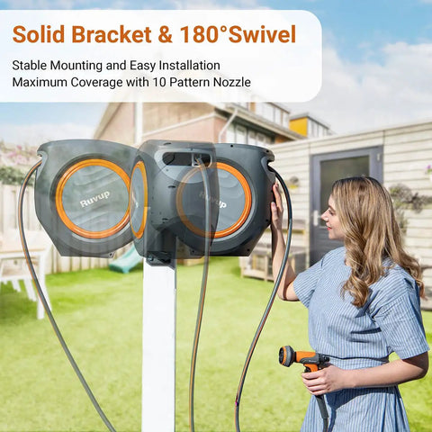 Woman using Retractable Garden Hose Reel With Auto Retraction, 5/8 Inch By 100 Foot Hose, Wall Mount, UV Resistant, garden