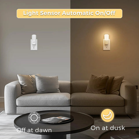 Dimmable LED Plug In Night Light With 5 To 80 Lumens Brightness And Dusk To Dawn Sensor, Soft White 3000K Nightlight, living room setting