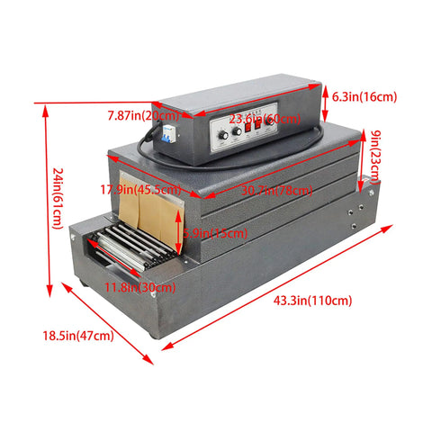 Heavy Duty Automatic Heat Shrink Tunnel Packaging Machine For Pof Pvc Film With Smooth Conveyor Belt And 4500W Motor No Sweat Install, showing dimensions and design.