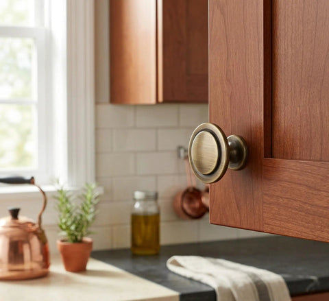 25 Pack Brushed Antique Brass Round Cabinet Knobs, One And A Quarter Inch Diameter, One Inch Projection, mounted on wooden cabinet door