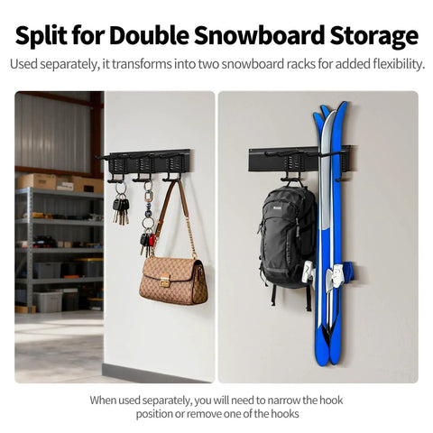 Split snowboard storage rack mounted on wall, holding snowboard, backpack, keys, and handbag in garage setting.
