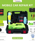 Mobile car repair kit with electric car jack 5 ton 12V hydraulic lift with LED light, safety hammer, and tools in black case.