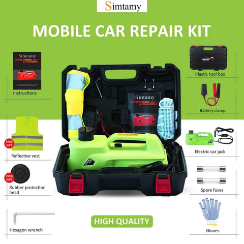 Mobile car repair kit with electric car jack 5 ton 12V hydraulic lift with LED light, safety hammer, and tools in black case.