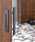 Heavy Duty Sliding Barn Door Hardware Kit in Black with Industrial Wheel Hangers, Includes Pull Handle Set and Floor Guide installed