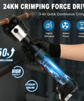 Top Shelf Heavy Duty Electric Hydraulic Pro Press Copper Crimper with 24kn force, hand gripping tool in plumbing setting.