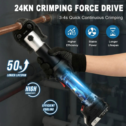 Top Shelf Heavy Duty Electric Hydraulic Pro Press Copper Crimper with 24kn force, hand gripping tool in plumbing setting.