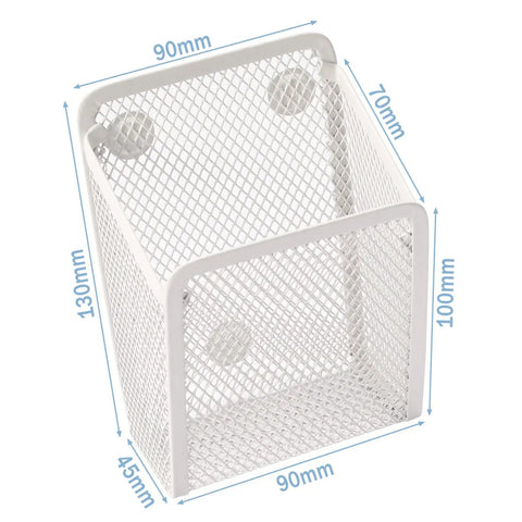 Magnetic Pencil Holder Mesh Stainless Steel Pen Basket With Three Strong Magnets, shown from front with measurements