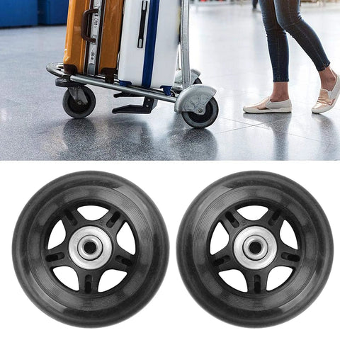 80mm PU Replacement Luggage Wheels with ABEC-7 Bearings for Suitcases, shown next to a luggage trolley on tile floor.