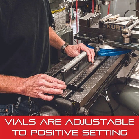 Machinists Level With Ground And Graduated Main Vial, 4 Inch Pro Grade Precision Tool on machine, operator adjusting vials.