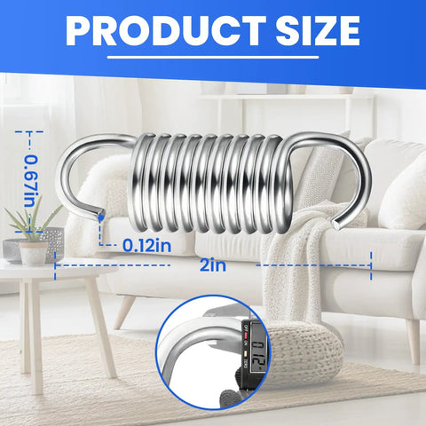 Eight Pack Two Inch Recliner Tension Springs With Ten Turn Coils Heavy Duty Replacement Kit For Couch Sofa Bed And Chair Mechanisms No Sweat Install Smooth Daily Ride size dimensions displayed on spring.