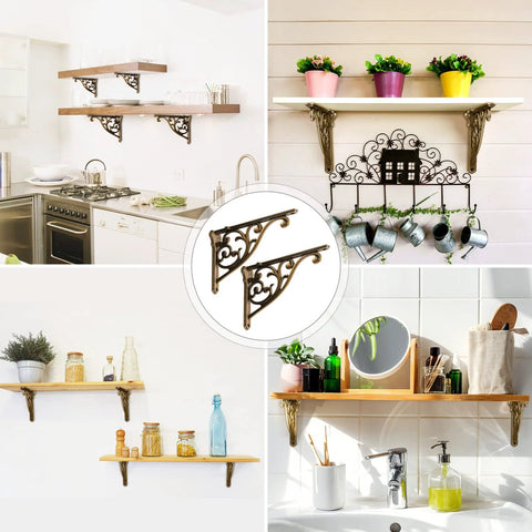 8 Inch Heavy Duty Antique Brass Shelf Brackets Set Of 4 For Wall Mounted Shelves Victorian Baroque Style in kitchen decor
