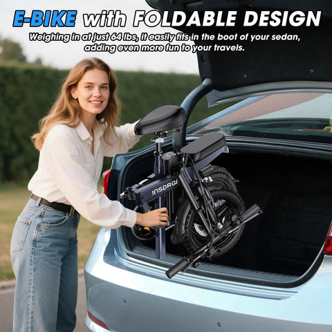 Woman placing Foldable 14 Inch Electric Bike With A 650W Peak Motor into car trunk, showcasing compact design.