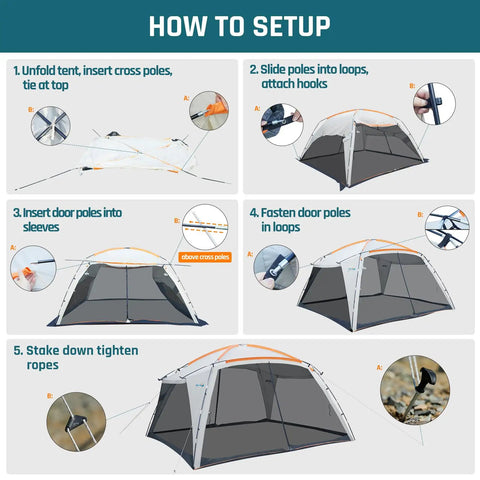 Setup guide for Screen House Tent 12x12 Feet Screen Room With Mesh Gazebos And Two Zipper Doors Ideal Camping Shelter