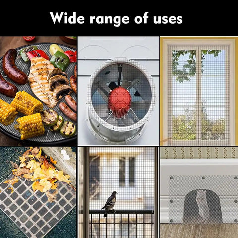 Wide range of uses for Stainless Steel Wire Mesh Filter Screen Sheet 30x120cm With 30 Mesh Fine Weave shown in various settings.