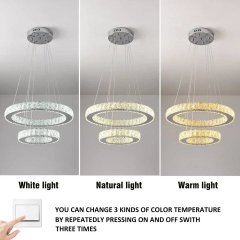 Double Ring Crystal Chandelier Pendant Light With Adjustable Height, LED Ceiling Fixture, 38W, Multi Color LED, White Warm Natural Light, 19.49 And 11.61 Inch Diameters, DIY Flexible Cable Design