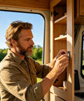 Person installing Six Piece Self Adhesive Magnetic Drawer And Cabinet Locks Kit on a wooden cabinet in a van interior.