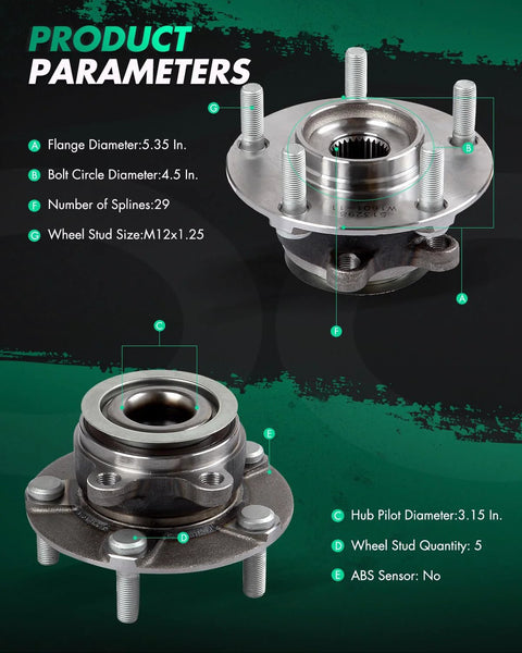 Detailed view of Two Front Wheel Bearing And Hub Assembly With ABS For Nissan Rogue 2008 2013 Rogue Select 2014 2015 And Sentra 2007 2012 Ready To Roll Front Hub Kit Fits Front Positions 513298 with product parameters.