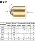 Premium 20 Pcs Ball Point Spring Plungers 12 Mm X 16 Mm Brass showing detailed specifications and dimensions in a chart.