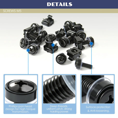 Top Tier M5 Rack Screws 50 Piece Set With Smooth Zinc Finish And Every Cage Nut Crown Washers Plus Plastic Pad You Need To Lock Down Server Cabinets Network Gear, showing black screws and details.