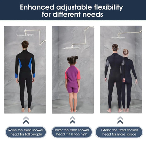 Adjustable 16 Inch Solid Brass Shower Arm Extension demonstration with people showing height options for rain and handheld heads.