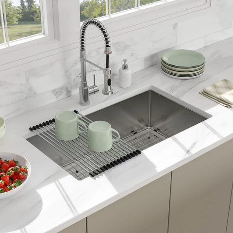 14 Inch Undermount Bar Sink For Kitchen And RV Use, 18 Inch Wide By 9 Inch Deep Single Bowl, 16 Gauge Stainless Steel Small Bar Prep Sink, Durable TRU16 T304 Construction That Resists Corrosion And Dents installed on a marble countertop with a high-arc faucet.