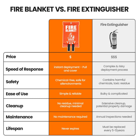Comparison chart of fire blanket vs. extinguisher featuring Two Pack Fire Blanket 40 By 40 Inches For Kitchen And Home Emergency Fire Suppression