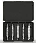 Damaged Screw Extractor Set Six Piece HSS Drill Bit Tools For Easy Removal Of Stripped Rusty Screws And Bolts in case, size range visible