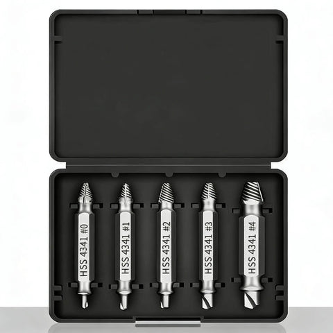 Damaged Screw Extractor Set Six Piece HSS Drill Bit Tools For Easy Removal Of Stripped Rusty Screws And Bolts in case, size range visible