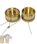 Metal Dust Cap And Plug Set For One And One Quarter Inch NPT Wet Line Wing Nut Hydraulic Quick Disconnect Coupler And Coupling Brass And Steel Build Rust And Corrosion Resistant Keeps Wet Line Clean And Debris Free Tough As Nails Built To Last Heavy Duty, showing brass construction with attached cables.