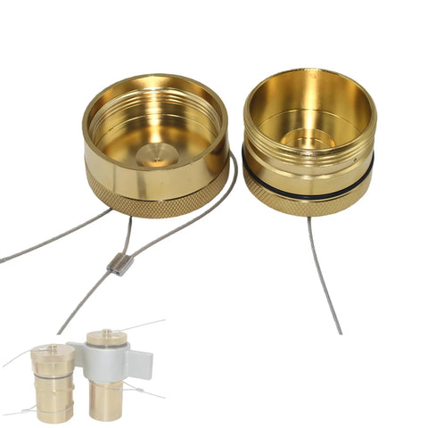 Metal Dust Cap And Plug Set For One And One Quarter Inch NPT Wet Line Wing Nut Hydraulic Quick Disconnect Coupler And Coupling Brass And Steel Build Rust And Corrosion Resistant Keeps Wet Line Clean And Debris Free Tough As Nails Built To Last Heavy Duty, showing brass construction with attached cables.