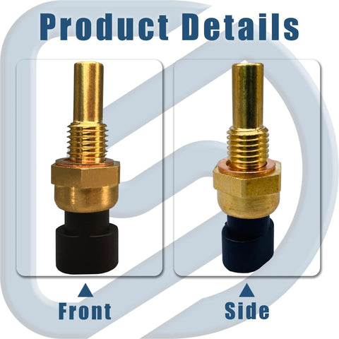 Two engine coolant temperature sensors with pigtail connectors, brass threaded bodies and black plastic bases, shown from front and side.
