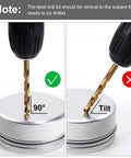 Heavy Duty Titanium Coated High Speed Steel Twist Drill Bits Set For Metal And Wood Seven Sixteenth Inch Diameter 142mm Total Length 101mm Flute Length Two Pack By Uxcell For Stainless Steel Hardened Metal Cast Iron Plastic in use, showing correct and incorrect drilling angles on metal lid.