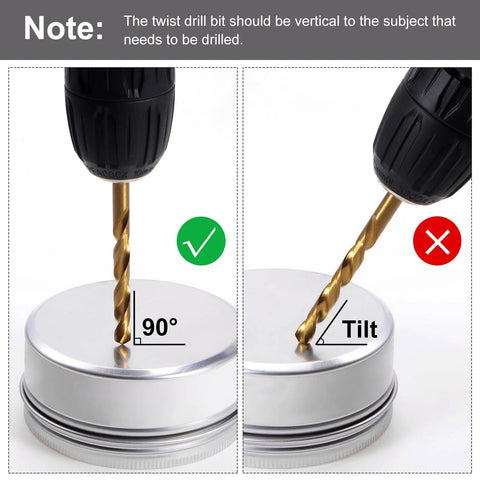 Heavy Duty Titanium Coated High Speed Steel Twist Drill Bits Set For Metal And Wood Seven Sixteenth Inch Diameter 142mm Total Length 101mm Flute Length Two Pack By Uxcell For Stainless Steel Hardened Metal Cast Iron Plastic in use, showing correct and incorrect drilling angles on metal lid.