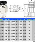 Diagram and table showing dimensions for Elbow And Straight Push To Connect Pneumatic Fittings 5/32 Inch Tube OD X 1/4 Inch NPT Thread Quick Connect