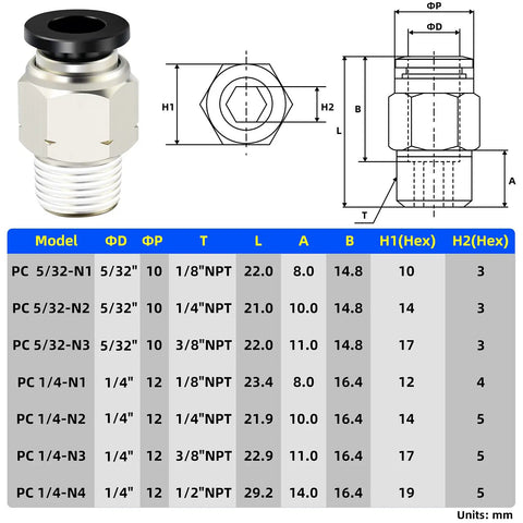 Diagram and table showing dimensions for Elbow And Straight Push To Connect Pneumatic Fittings 5/32 Inch Tube OD X 1/4 Inch NPT Thread Quick Connect