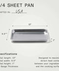 Quarter Sheet Pan For Home And Pro Kitchens, Commercial Grade Aluminum, 9.5 by 13 inches, one inch deep, displayed with specifications.