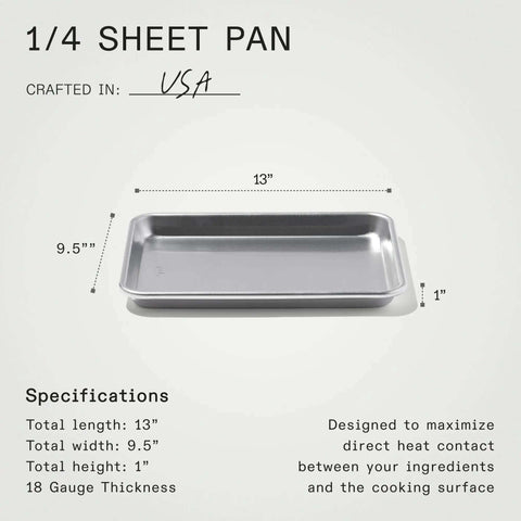 Quarter Sheet Pan For Home And Pro Kitchens, Commercial Grade Aluminum, 9.5 by 13 inches, one inch deep, displayed with specifications.