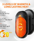 Rechargeable Hand Warmers 2 Pack With 20 Hours Of Safe Heat showing temperature settings and usage time