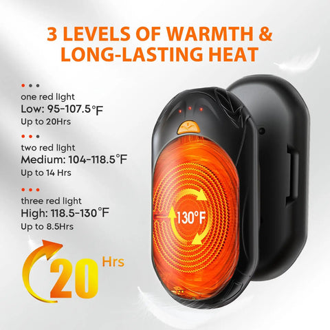 Rechargeable Hand Warmers 2 Pack With 20 Hours Of Safe Heat showing temperature settings and usage time